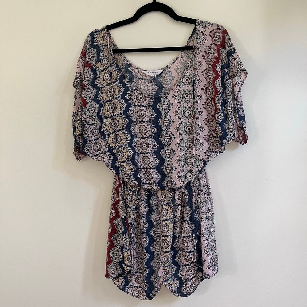 BCBGeneration Mixed Print Boho Romper Navy Pink Geometric Blouson Sz M
